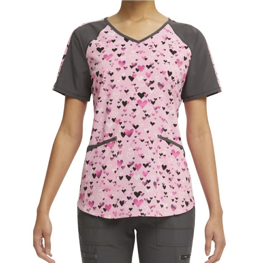 Size Small New Pink Hearts V-Neck Print Scrub Top